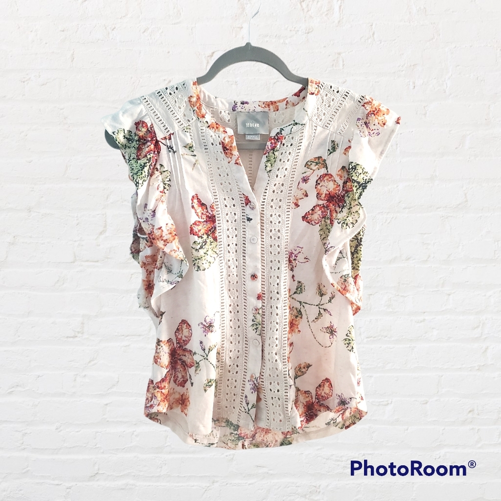 Anthropologie Floral Ruffle Blouse - Cream and Red